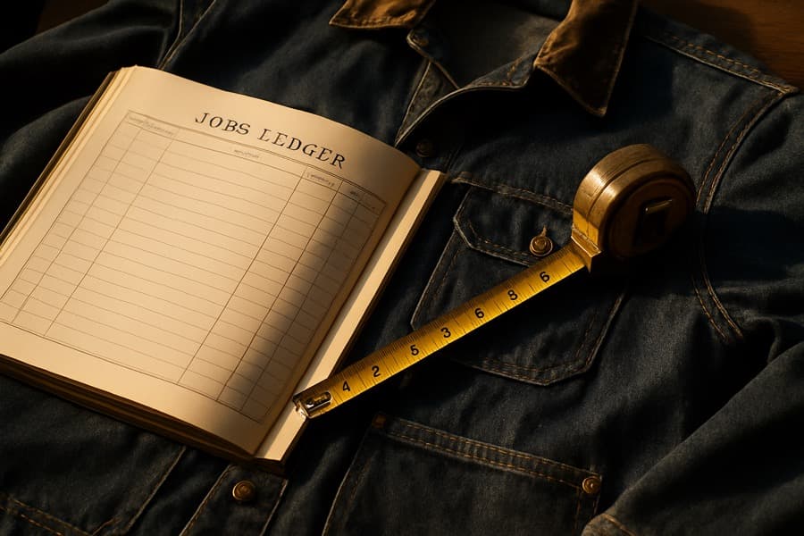 An open ruled ledger labeled Jobs Ledger beside a brass tape measure on a denim work jacket