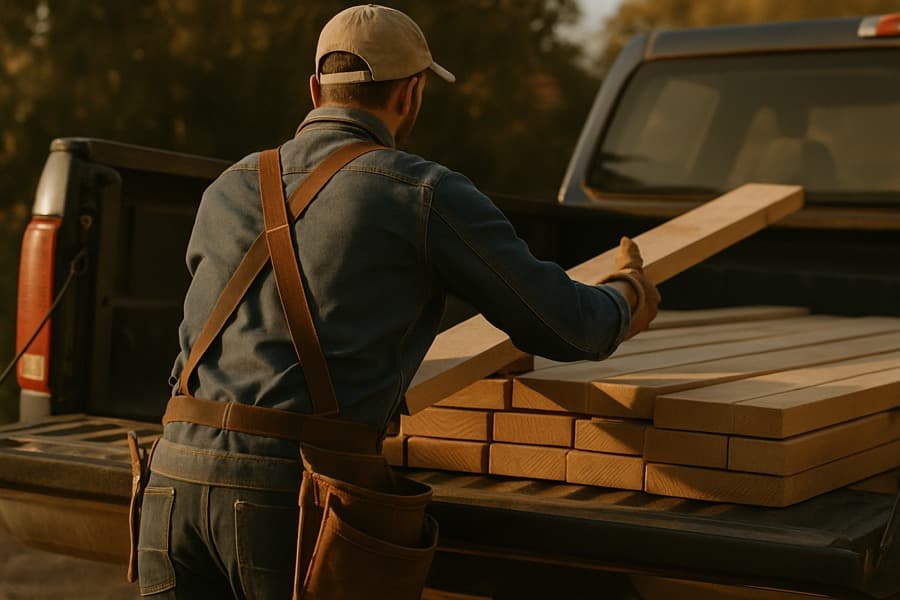 A tradesperson in a denim shirt and tool apron, seen from behind, loading fresh lumber into a pickup bed at golden hour