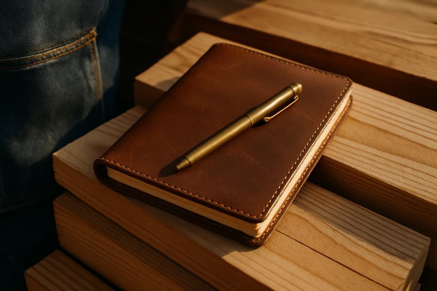 A leather notebook and a brass pen resting on stacked pine lumber in warm workshop light