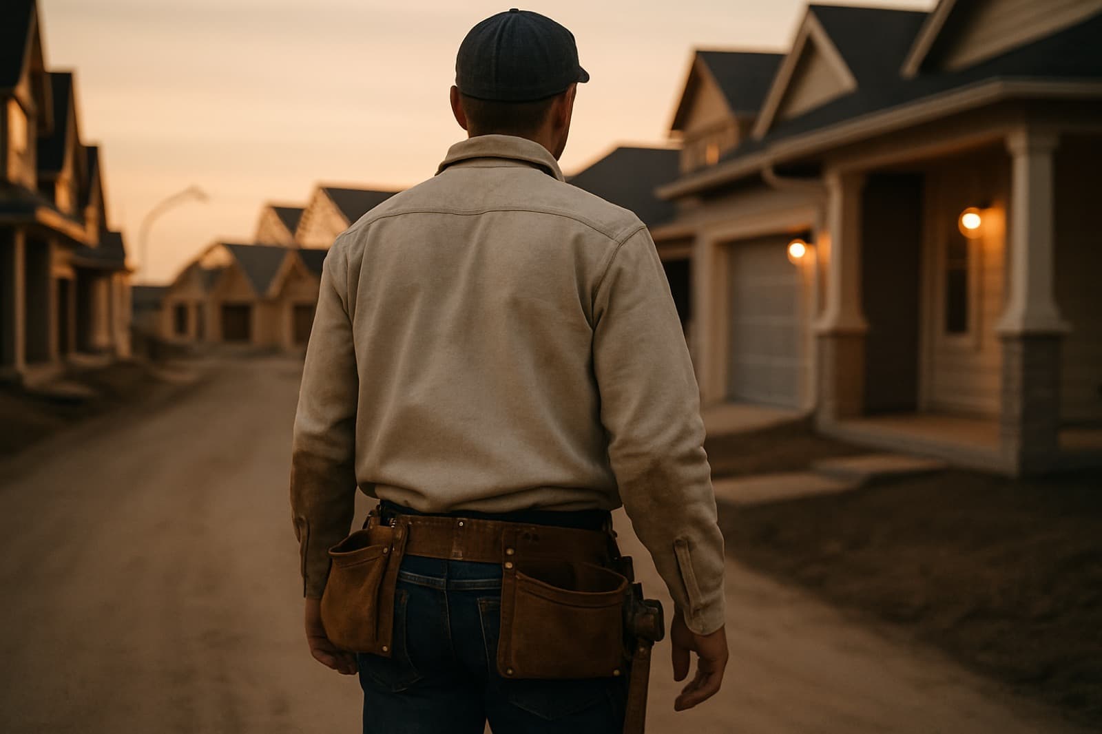 A contractor in a work jacket and tool belt, seen from behind, facing a row of newly built houses at dusk